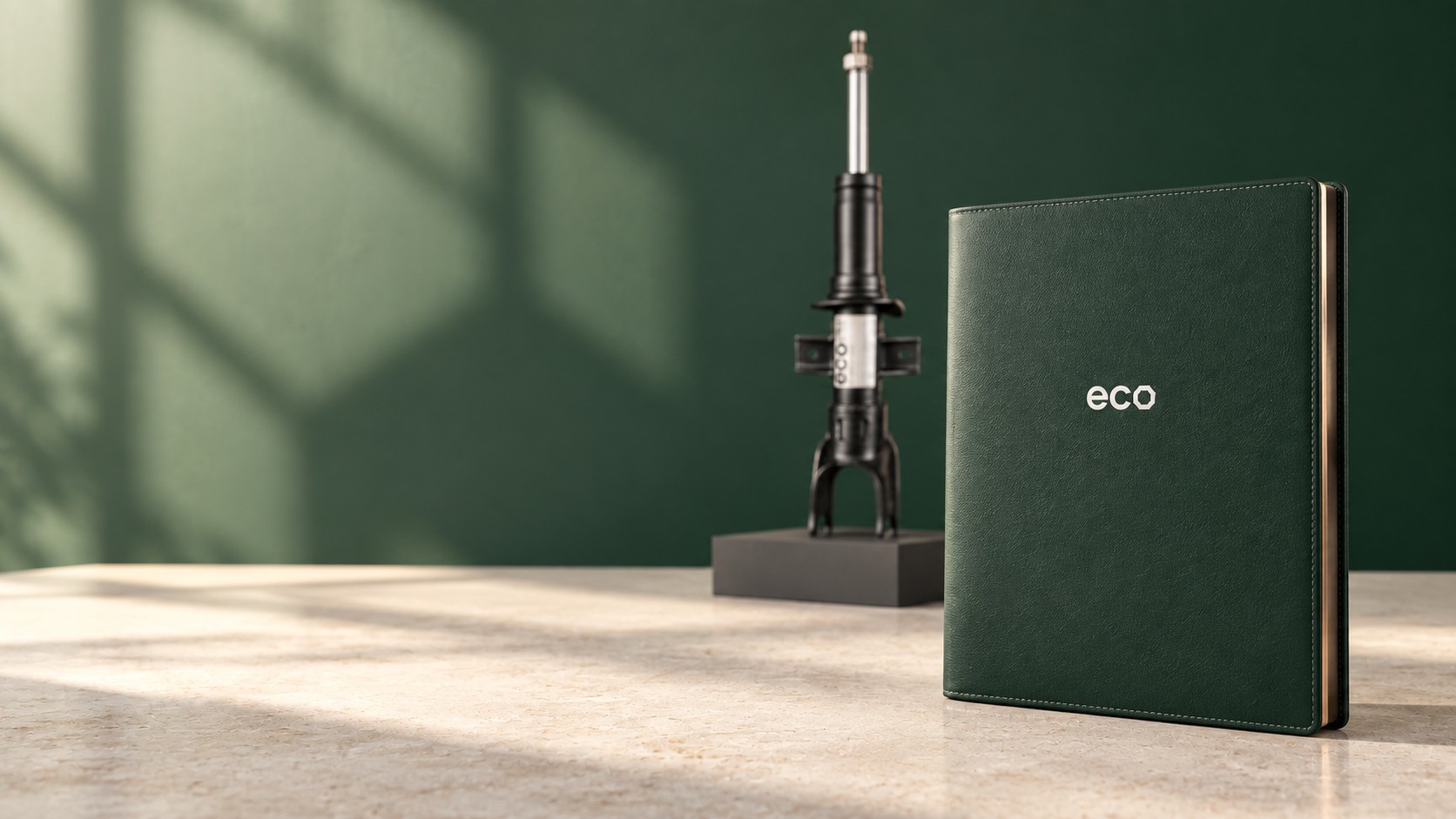 Composição conceitual ECO Expansão: pasta de apresentação verde ECO, superfície clara e produto ao fundo; não retrata uma unidade existente