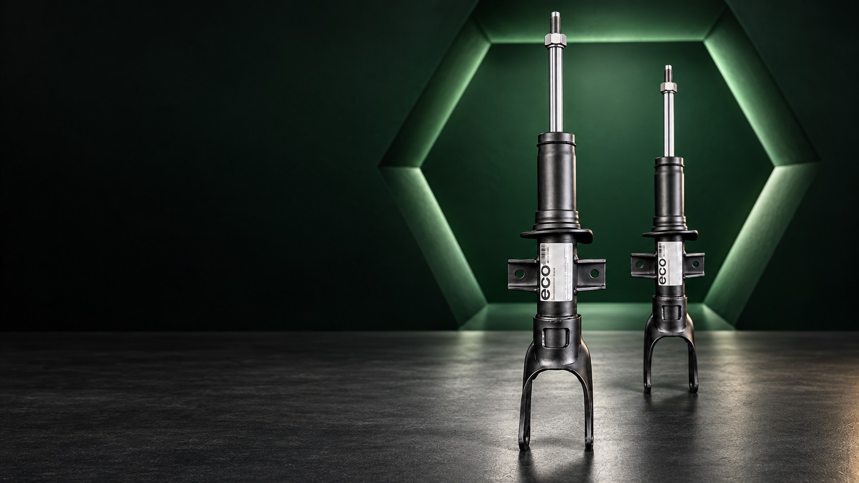 Render de campanha ECO: dois amortecedores com profundidade, metal iluminado e assinatura hexagonal